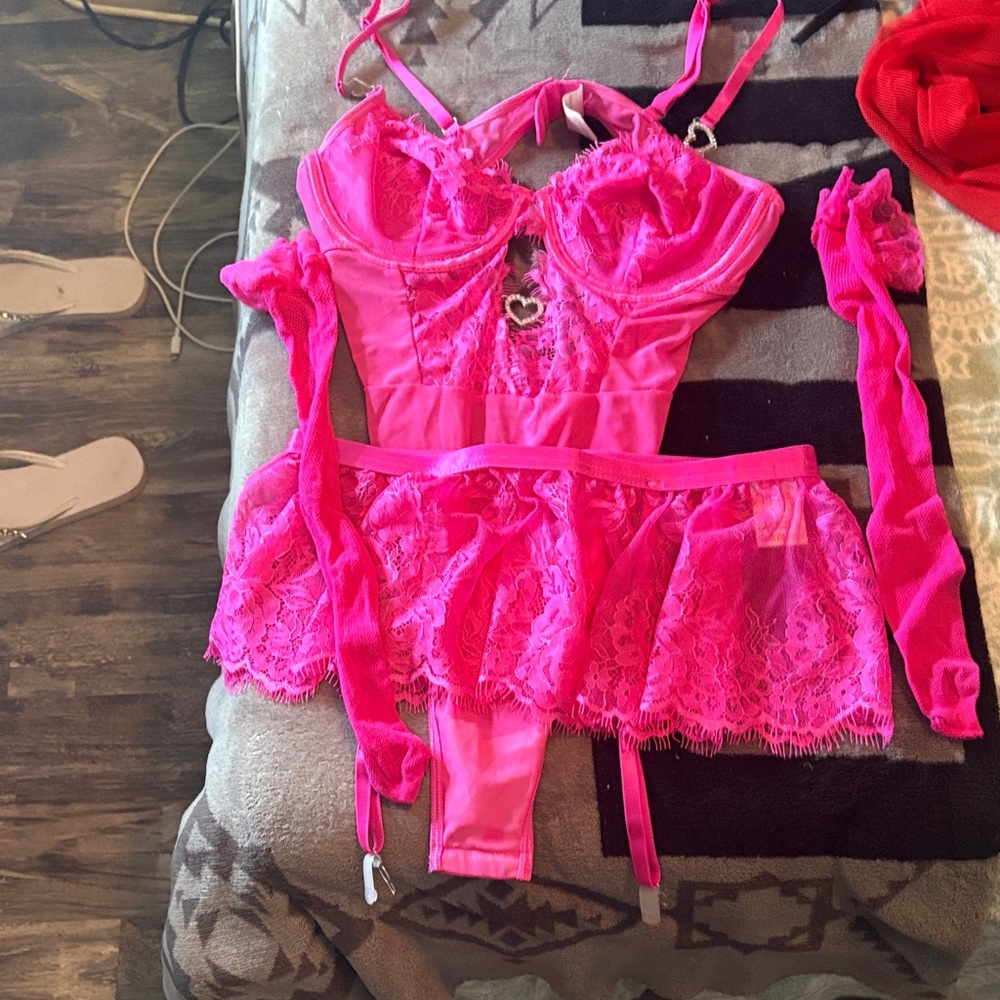 Amazon Women's Hot Pink Lace Bodysuit Set